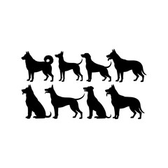 Silhouette group of American dog breeds - puppies, adult dogs - standing, running, hunting, play poses. Black pet animal minimalist icons isolated white background. Stylized, colorful dog silhouettes 