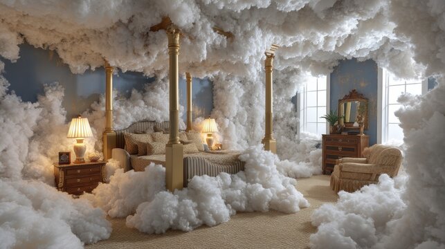 A surreal bedroom setting filled with fluffy white clouds, creating an ethereal and dreamlike atmosphere. The four-poster bed occupies the center, surrounded by soft, voluminous cloud formations. Two 