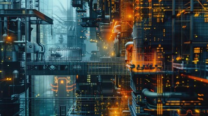 Abstract picture with digital style scenery, high tech building scatter around glow fantasy neon light. Cyberspace scene with technology design construction perfect for futuristic style design. AIG53.