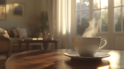 Cup of coffee on wooden table with steam and sunlight