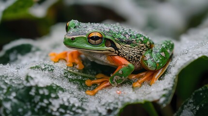 Obraz premium Close up of green tree frog with orange legs resting on a leaf covered with snow, detailed macro wildlife photography in cold environment
