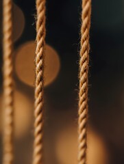 Macro view of natural fiber ropes hanging vertically and warm golden bokeh lights on a dark artistic background