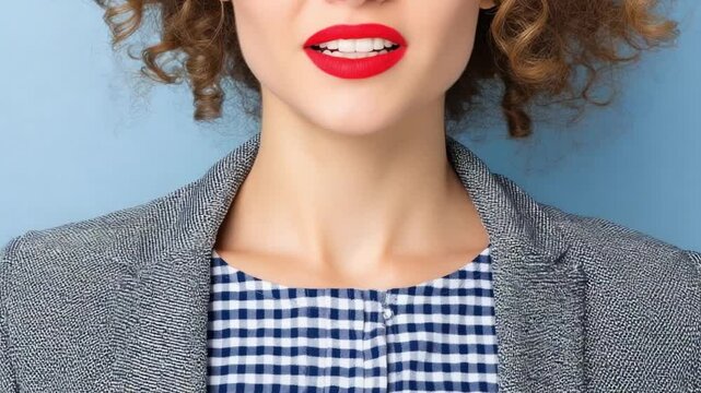 Stylish woman with vibrant red lips and curly hair, wearing a patterned shirt and blazer against a blue background