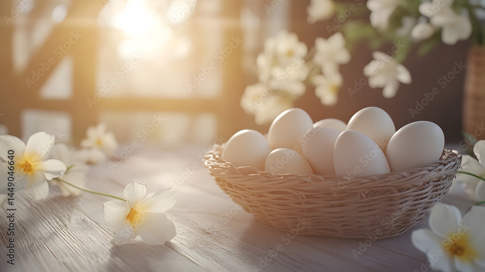 Poster White eggs in a wicker basket on a white wooden table, surrounded by white flowers.  Sunlight streams in through a window in the background, creating a serene, spring-like atmosphere.