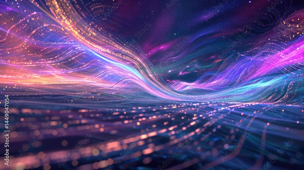 Poster abstract picture micro light sparkling particle represent data flow. vivid flowing wave with high te