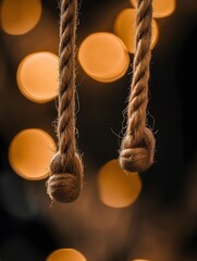 Close up of two knotted natural fiber ropes hanging vertically with warm golden bokeh lights on dark background, textured and artistic composition
