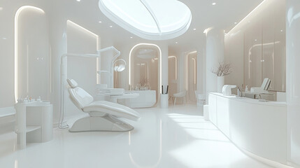 Modern, bright spa interior with white furniture and light fixtures