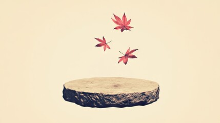 Floating autumn leaves above a rustic wooden disc.