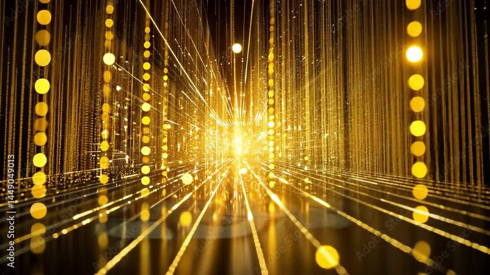 Poster mesmerizing abstract display of golden light beams and particles, creating depth and movement with b