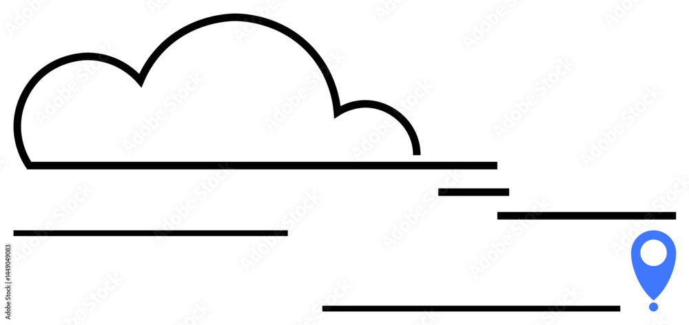 Poster minimal cloud outline with horizontal data flows and a blue location pin. ideal for networking, digi