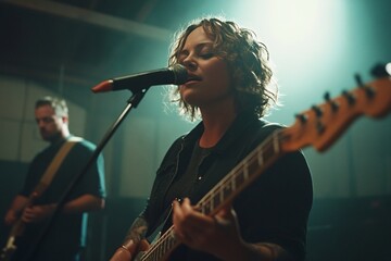 Female Guitarist Singing Live, Moody Lighting for Concert Promotion