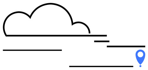 Minimal cloud outline with horizontal data flows and a blue location pin. Ideal for networking, digital storage, navigation, connectivity, remote work, innovation, flat simple metaphor