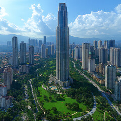 Obraz premium Modern city skyline with a towering skyscraper and adjacent park