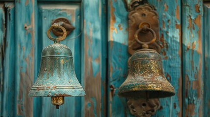 Obraz premium Aged bells on weathered teal doors