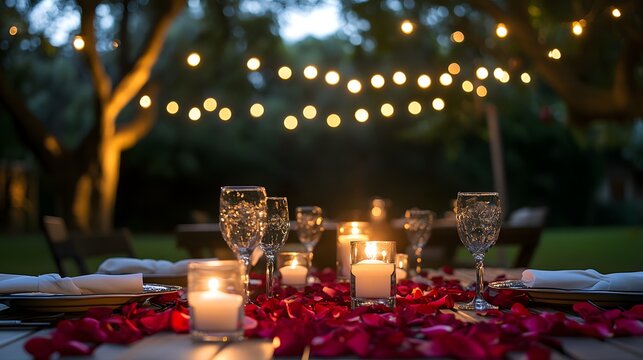 Romantic outdoor dinner setting with candles and rose petals on a wooden table under fairy lights.  Perfect for a special occasion or anniversary.