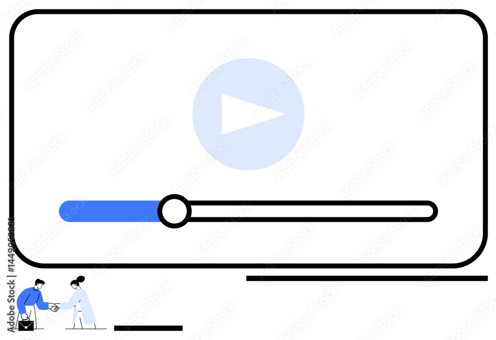 Poster video player interface with progress bar and play icon. two tiny figures interact below, signing a d