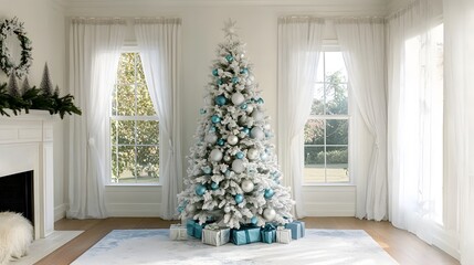 A flocked Christmas tree adorned with teal and silver ornaments sits in a bright living room, surrounded by presents.  Natural light streams in through sheer curtains.