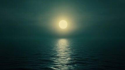 A luminous moon illuminates a still ocean at night.