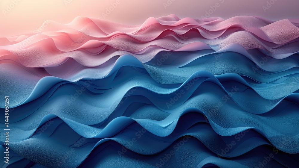 Poster this abstract image features soft waves in a gradient of pink and blue, creating a serene and dynami