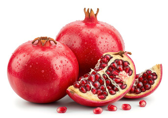 Fresh Juicy Pomegranates with Water Droplets Isolated on White Background
