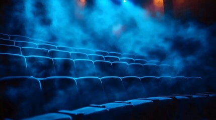 Mysterious blue-lit theater seats shrouded in smoke, setting the stage for a performance.