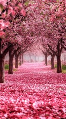 A long scenic walkway is surrounded by cherry blossom trees, pink petals coat ground