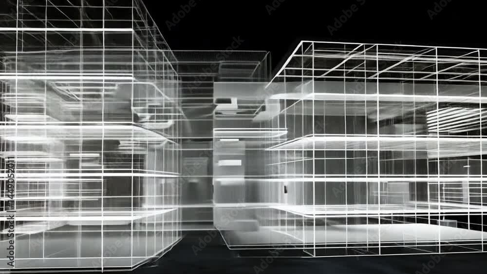 Poster futuristic architectural design with transparent structures and intricate grid lines, showcasing mod