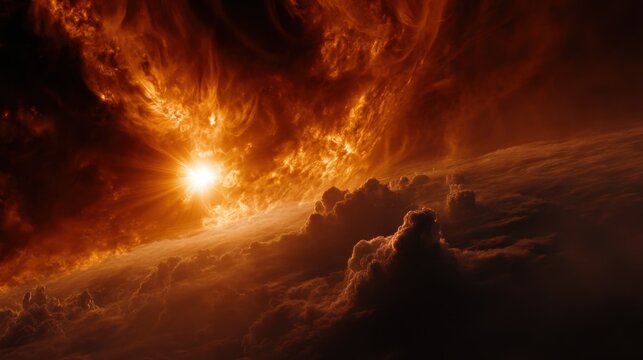 A breathtaking view of a fiery orange and gold atmosphere, possibly depicting the surface of a celestial body. The image captures swirling clouds illuminated by bright sunlight breaking through, creat