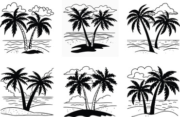 Fototapeta premium Black and white palm trees sketches set with clouds and sea views