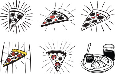 Hand drawn pizza slices and breakfast illustration set