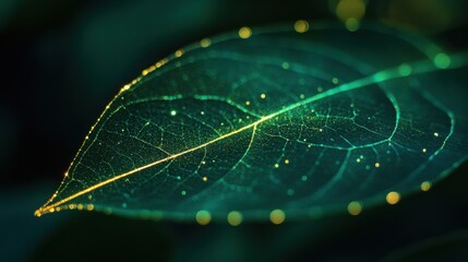 Close-up shot of a leaf with intricate vein patterns illuminated by a soft glow, showcasing tiny droplets of water that appear to sparkle against a dark, blurred background. The luminous green and gol