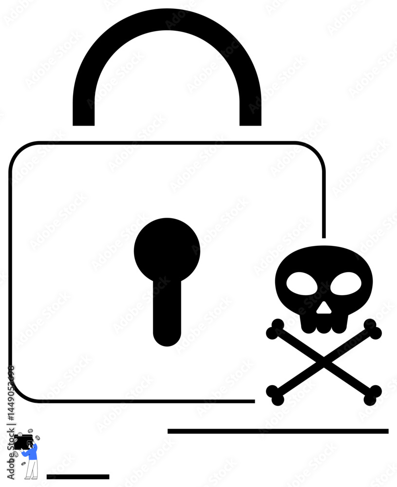 Poster large padlock symbolizing security with a skull and crossbones signifying threat or danger. tiny fig