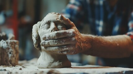 Artist hands holding a highly detailed clay human bust with closed eyes, emphasizing realistic facial anatomy, texture, and serene expression inside a sculpting studio
