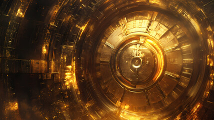 Vault door enshrined in discount markings golden key unlocking vibrant financial aura. [Dream Architectures] | Amber Temples | golden shrines. Illustration