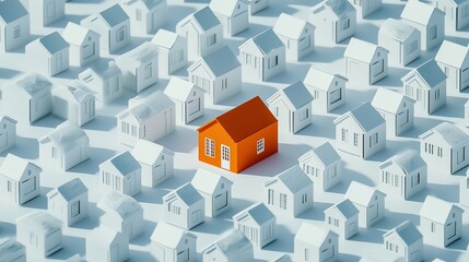 Unique Orange House Among Many White Houses Real Estate Property Home Building Architecture Design 3D Model Illustration Residential Development Suburban Neighborhood New