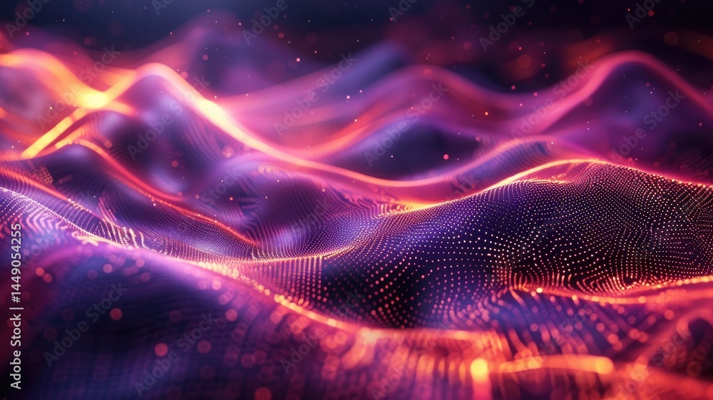 Poster abstract picture of micro light sparkling particles scattered across vivid flowing wave with digital