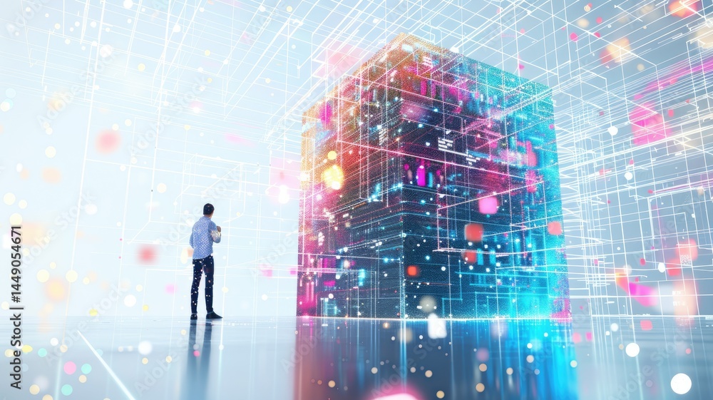 Poster a person stands in a futuristic digital environment, interacting with a vibrant data cube, represent