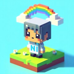 Isometric 3d of man with environment nature with rainbow videogame concept assets graphic background
