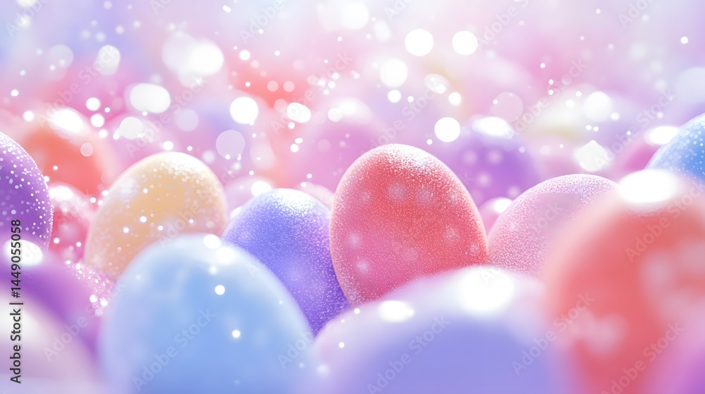 Poster pastel-colored easter eggs with a delicate, sparkling texture. soft lighting and bokeh create a drea