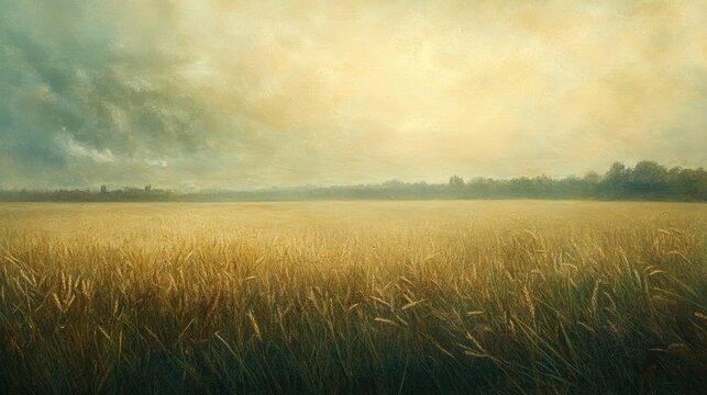 A tranquil landscape showcasing a vast golden field of wheat under an expansive sky, blending soft hues of yellow and gray, creating a serene and atmospheric view. The horizon is gently touched by dar