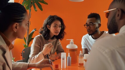 Diverse team collaborating in orange office engaging in dynamic discussion business meeting around treatment cream of body and face productive atmosphere fostering innovative ideas teamwork. AIG53.