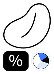 Curved bean-thumbs up outline, bold percentage symbol, simple multi-section pie chart, and clean shapes. Ideal for analysis, data, simplicity, minimalism finance abstraction and creativity. Flat