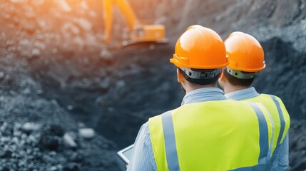 Two construction workers in safety gear observe excavation work at an outdoor site.