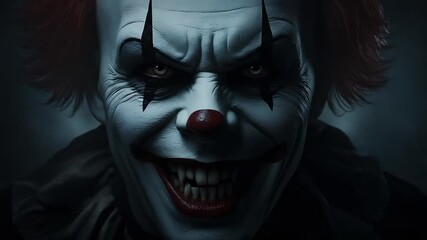 Eerie clown face with dramatic makeup and creepy smile, dark and sinister portrait suitable for horror video concept, Generative AI - Powered by Adobe