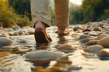 Low angle shows a person in sandals walking through river rocks and water