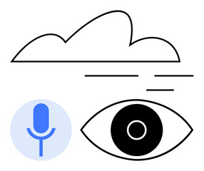 Cloud element with lines, microphone icon, and eye symbol representing cloud computing, voice recognition, and visual interfaces. Ideal for AI, data storage, communication, security usability