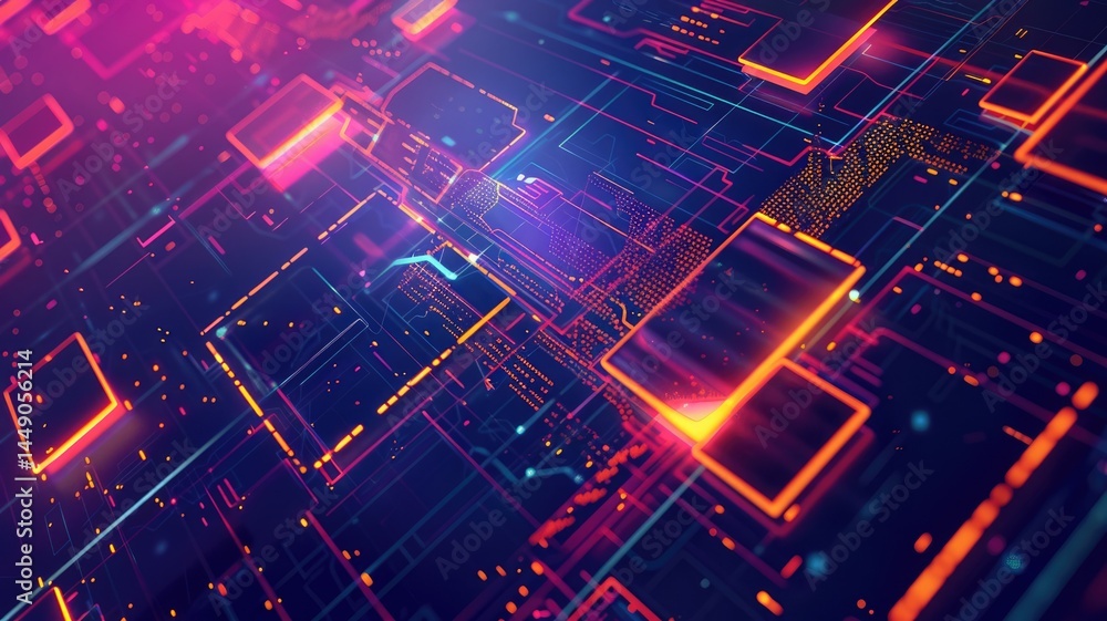 Poster this abstract graphic design features a vibrant blend of technology elements with glowing shapes and