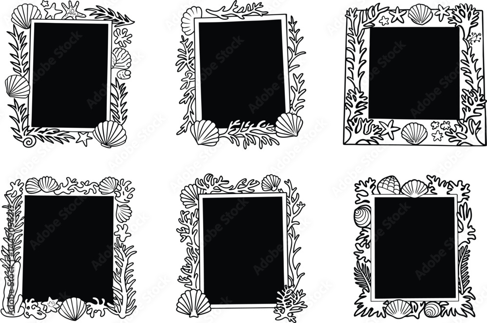 Poster set of decorative frames with seashells corals and seaweeds isolated on white background