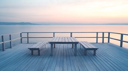 Obraz premium Peaceful wooden table and benches sitting above calm water at sunrise offer relaxation