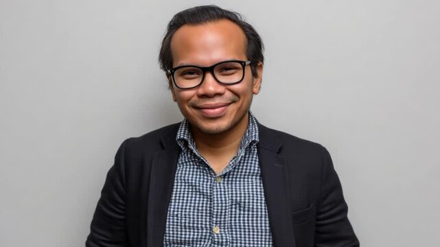 Smiling Man in Glasses Posing Confidently in Formal Attire Against Neutral Background